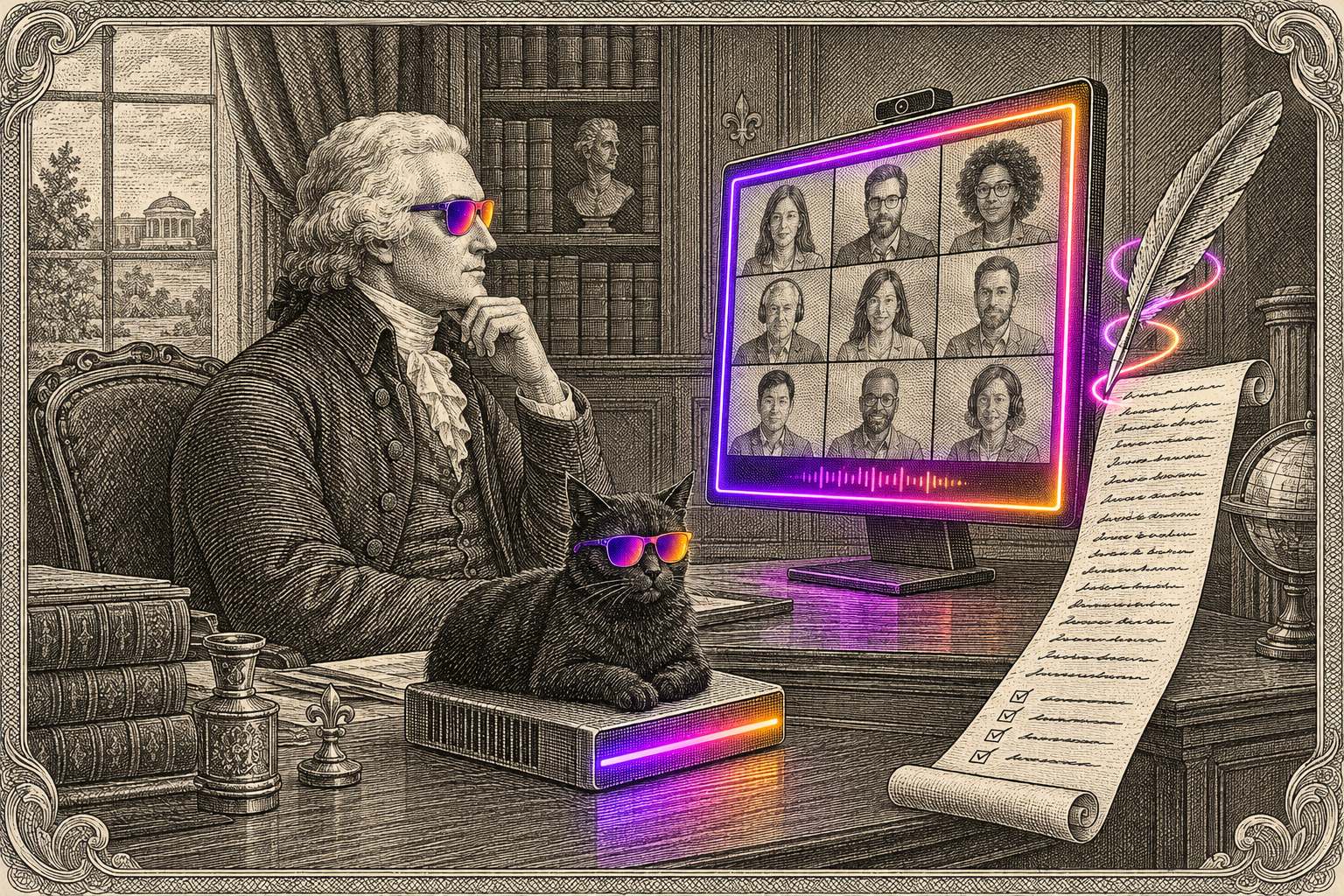 Jefferson in neon sunglasses at his desk watching a video call grid of participants while a quill writes the notes on a long scroll ending in a checklist, and a black cat in matching sunglasses sits on a glowing Cabinet box